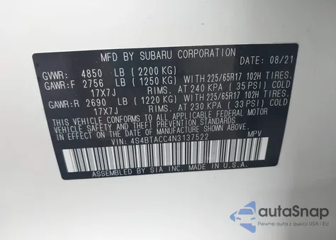 2022 Subaru Outback Premium z USA, uszkodzony, nr VIN 4S4BTACC4N3137522